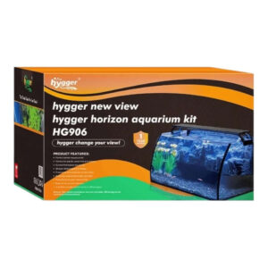 Hygger Curved Aquarium Kit packaging showing product features and design for the Hygger Horizon aquarium.