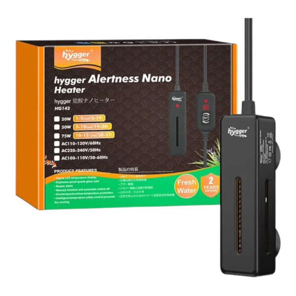 Hygger Alertness Nano Aquarium Heater with digital display and packaging
