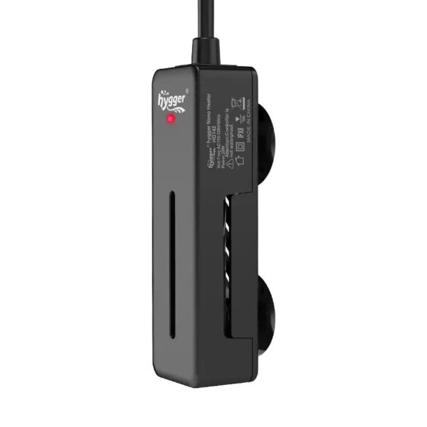 Black Hygger aquarium nano heater with a power cord and red indicator light