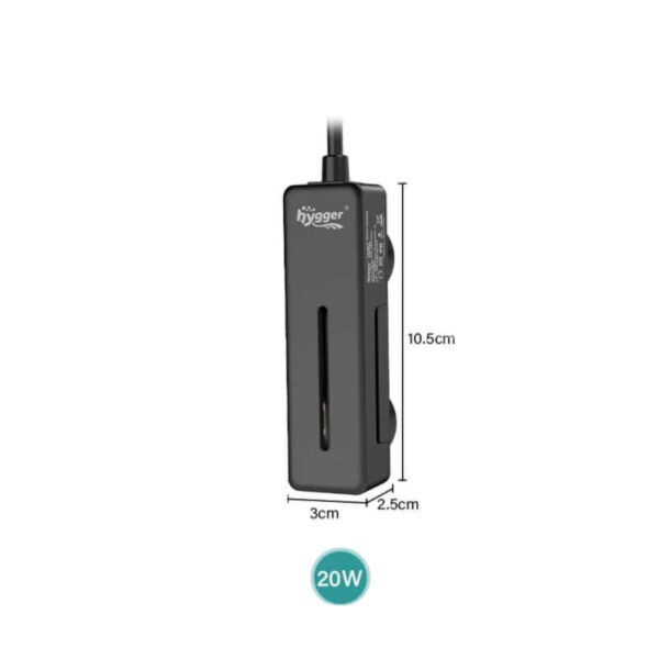 Black Hygger 20W power adapter with dimensions 10.5cm by 3cm by 2.5cm