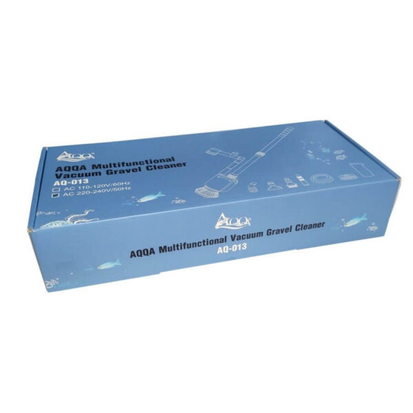 Blue box packaging of AQQA Multifunctional Vacuum Gravel Cleaner AQ-013
