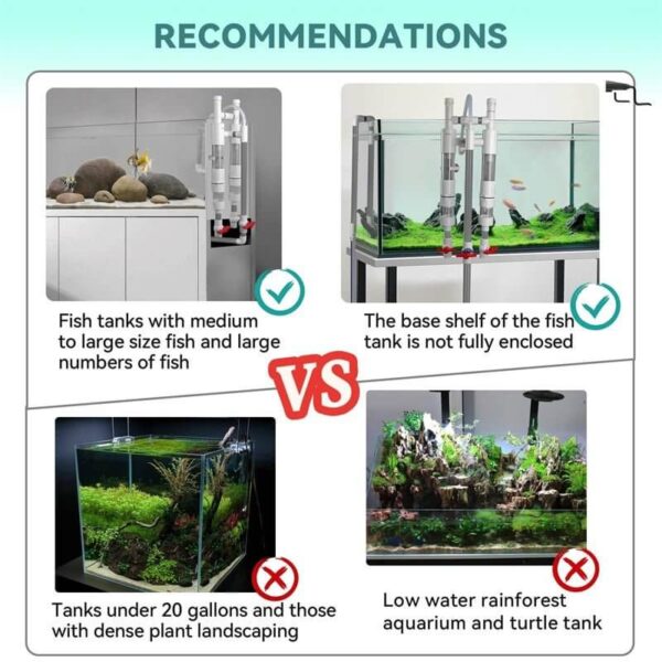 Comparison of recommended and not recommended fish tank setups with check and cross marks