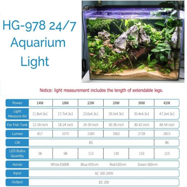 HG-978 24/7 aquarium LED light with power, lumen, tank size, and LED specs chart