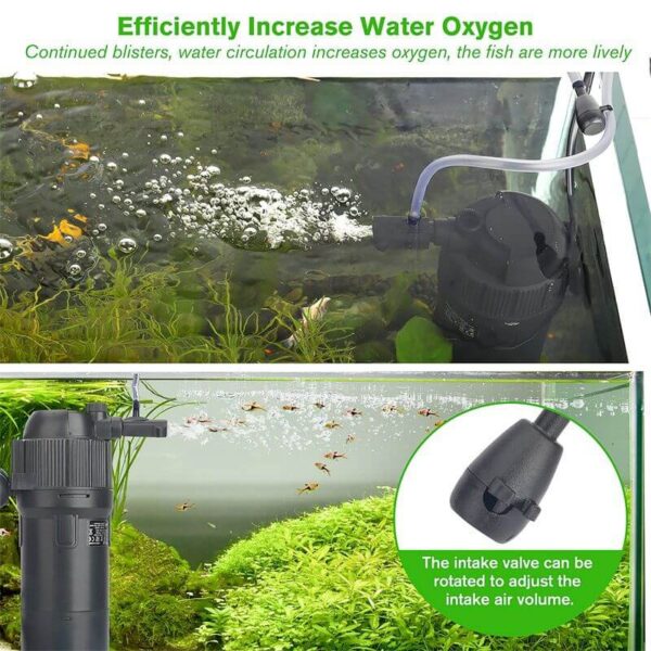 Aquarium pump releasing bubbles to increase water oxygen with adjustable intake valve
