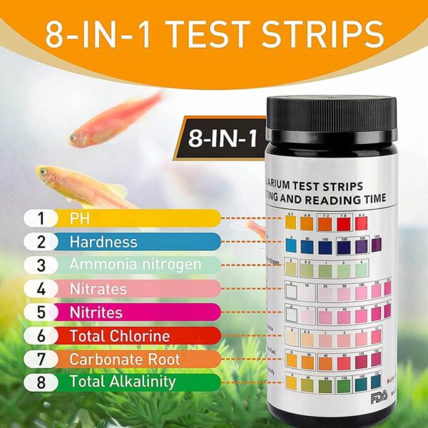 8-in-1 aquarium water test strips bottle with color chart and fish background