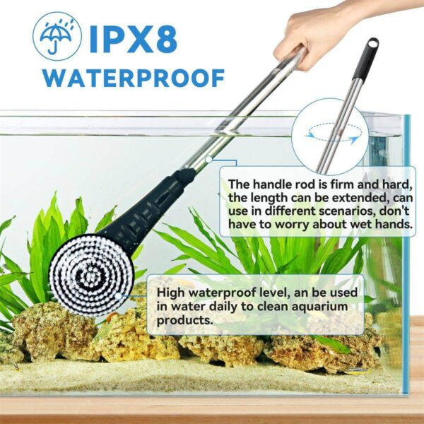 Hand holding IPX8 waterproof extendable brush cleaning aquarium underwater