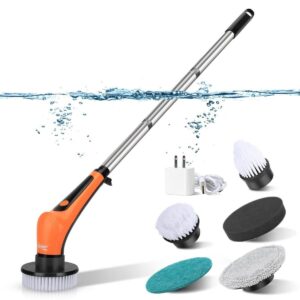 Electric spin scrubber with multiple brush heads and charger submerged in water
