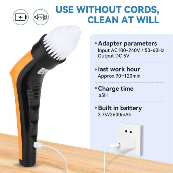 Cordless electric cleaning brush with white bristles and charging cable connected