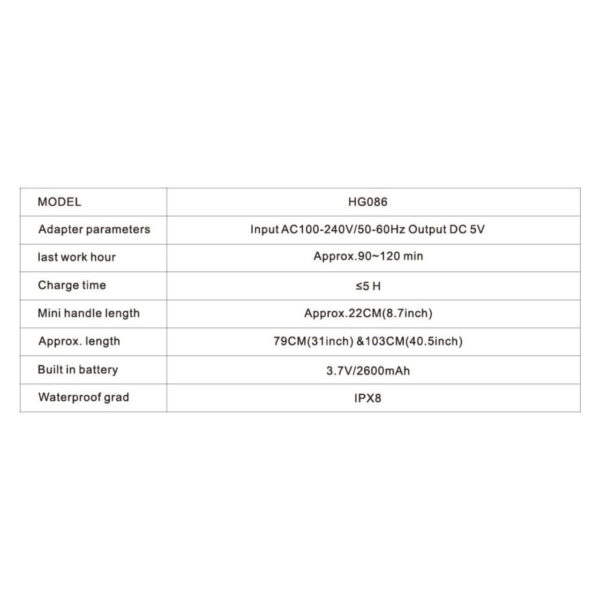 Specification table for model HG086 with battery, charge time, length, and waterproof rating details