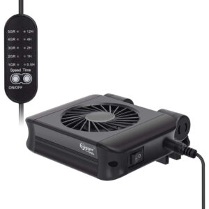 Black Hygger portable desk fan with control panel showing speed and timer settings
