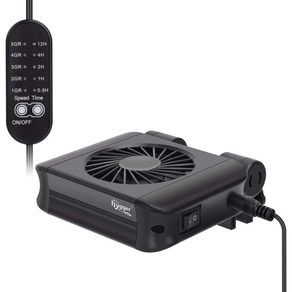 Black Hygger portable desk fan with control panel showing speed and timer settings
