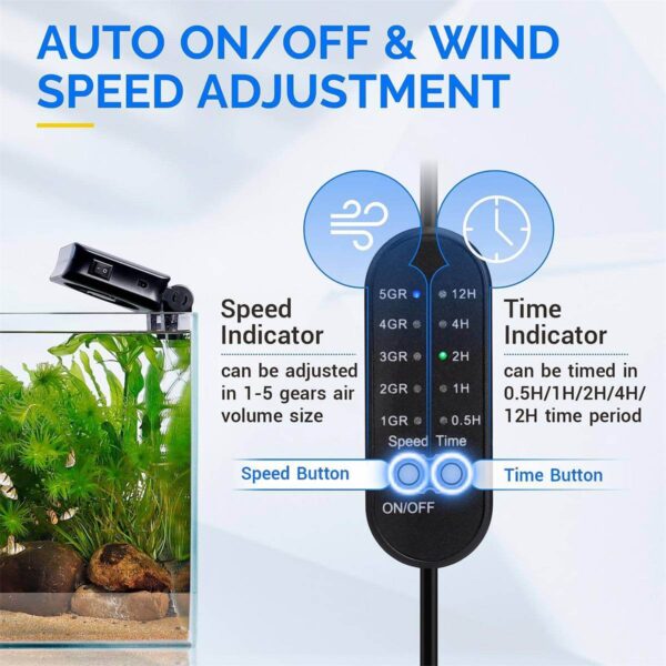 Aquarium air pump controller with speed and time adjustment buttons and indicators
