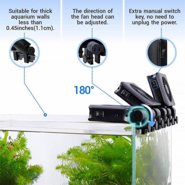 Black adjustable clip-on fan attached to aquarium edge with switch