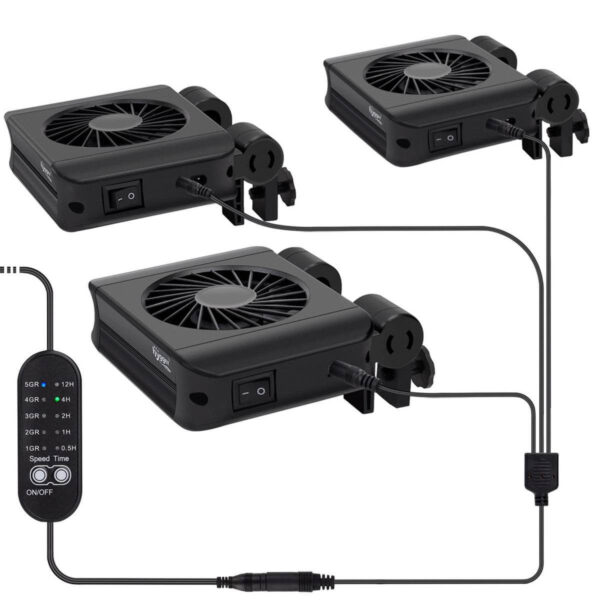 Set of three black clip-on USB fans connected with control remote