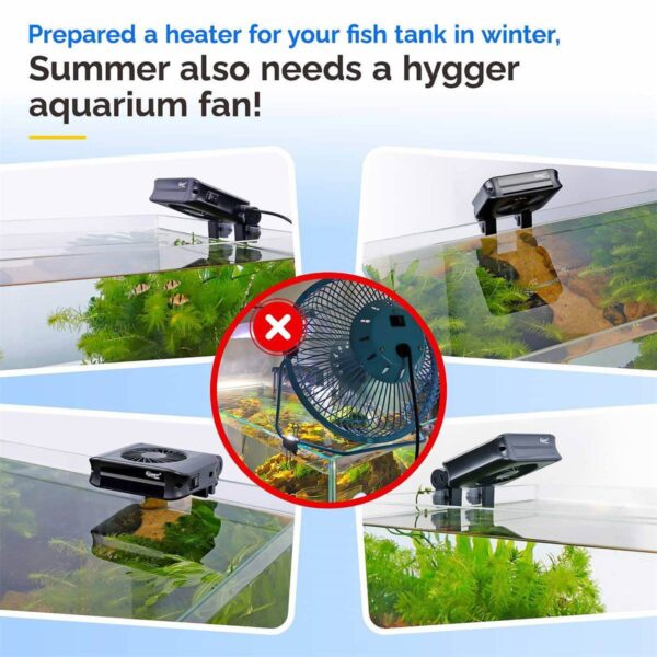 Clip-on aquarium fan mounted on fish tank showing proper use and a crossed-out desk fan