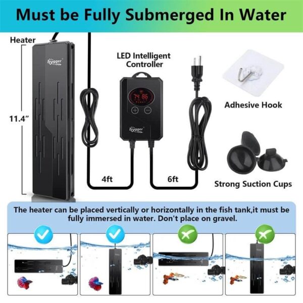 Aquarium heater with LED controller, adhesive hook, suction cups, and placement instructions