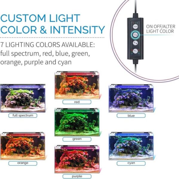 Aquarium lighting showing seven custom colors with control remote for on/off and color adjustment