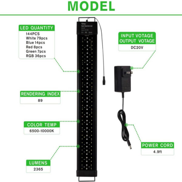Black LED aquarium light with power adapter and specifications labeled