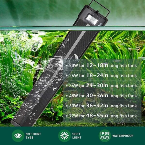 LED aquarium light underwater with wattage and tank size guide, soft light, waterproof IP68