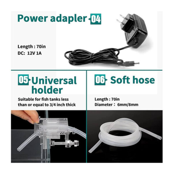 Power adapter, universal holder, and soft hose for aquarium setup