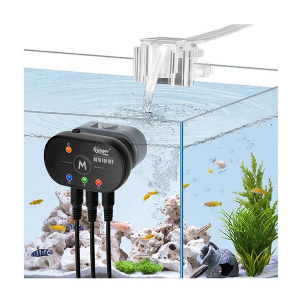 Automatic aquarium water top-off device refilling fish tank with fish and plants