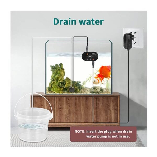 Electric aquarium water drain pump setup with fish tank and bucket