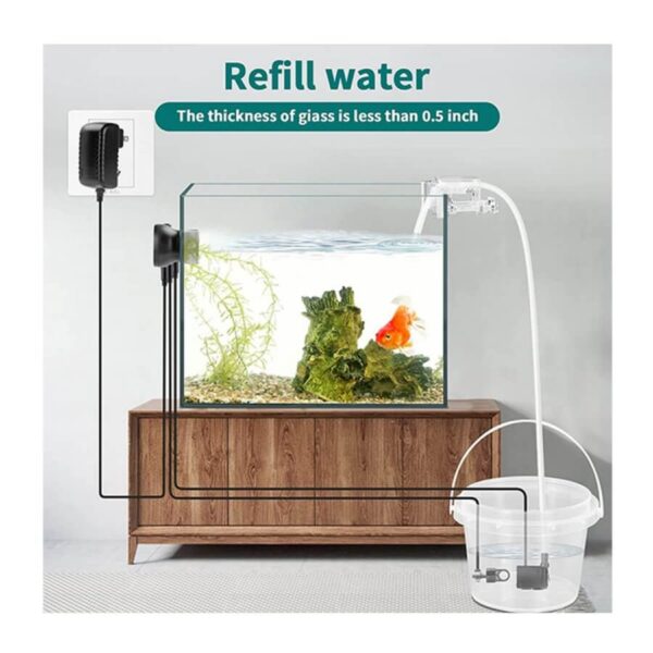 Automatic aquarium water refill system with tubing connected to water bucket and power adapter