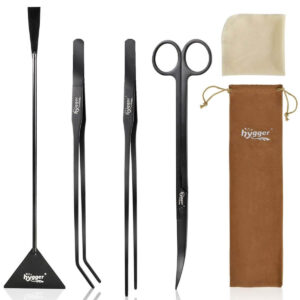 Black aquarium tools set including scraper, tweezers, scissors, cleaning cloth, and brown storage pouch