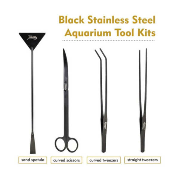 Black stainless steel aquarium tool kit including sand spatula, curved scissors, curved tweezers, and straight tweezers