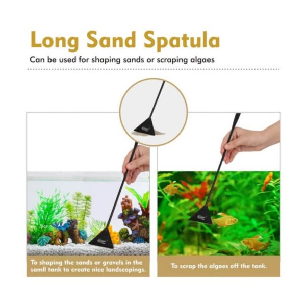 Hand using long sand spatula to shape sand and scrape algae in aquarium