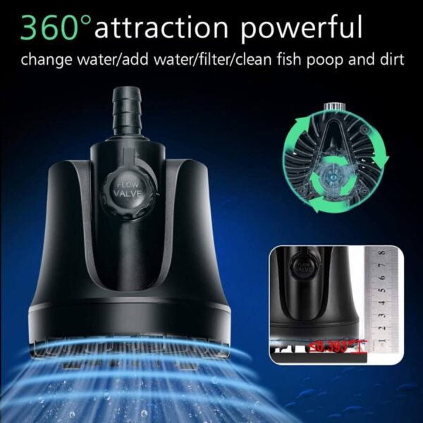 Black 360-degree aquarium water pump with flow valve for filtering and cleaning