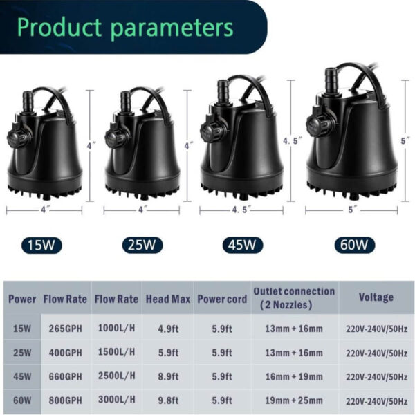 Four black submersible water pumps with power ratings and dimensions