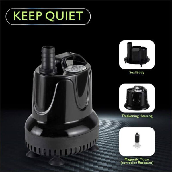 Black quiet submersible water pump with parts labeled seal body, thickening housing, and magnetic motor