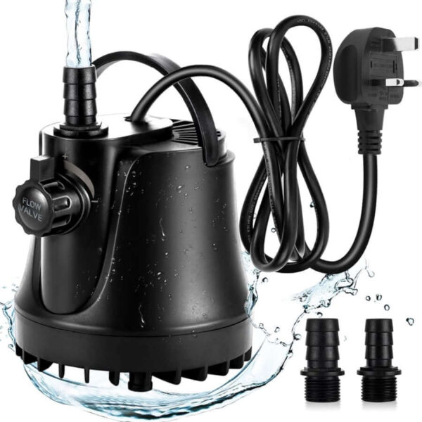 Black submersible water pump with attached UK plug and two hose connectors, water splashing