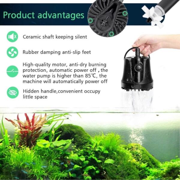 Aquarium water pump with ceramic shaft, anti-slip feet, high-quality motor, and hidden handle