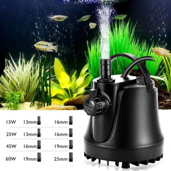 Black aquarium water pump creating bubbles with fish and plants in background