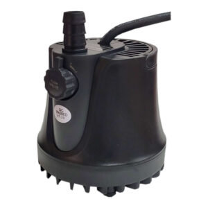 Small black submersible water pump with flow valve and power cable