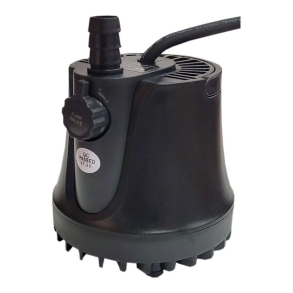 Small black submersible water pump with flow valve and power cable