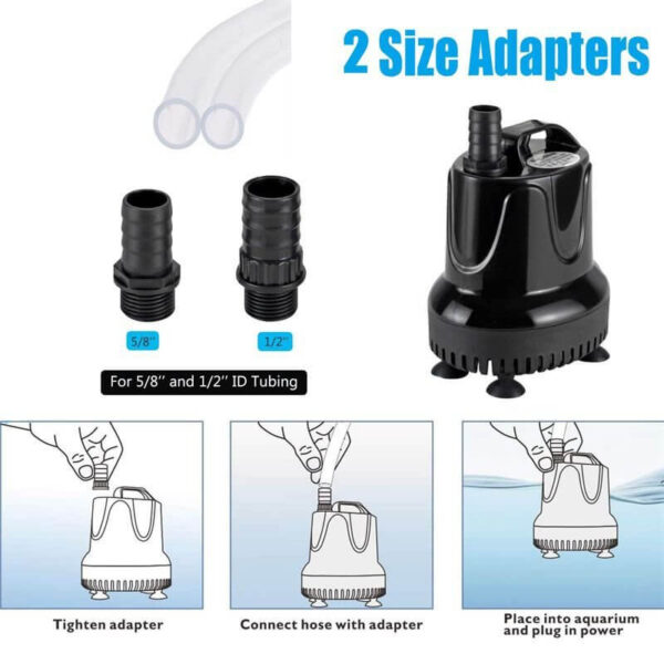 Two size adapters for aquarium water pump with installation steps