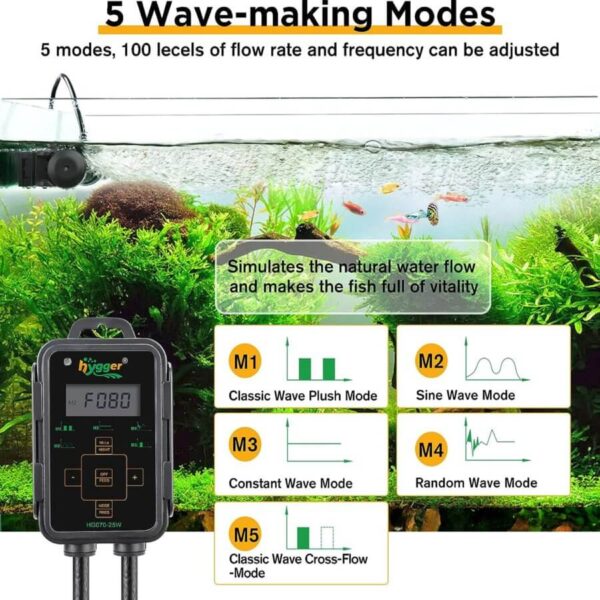 Hygger aquarium wave-making device with five adjustable wave modes and fish tank background