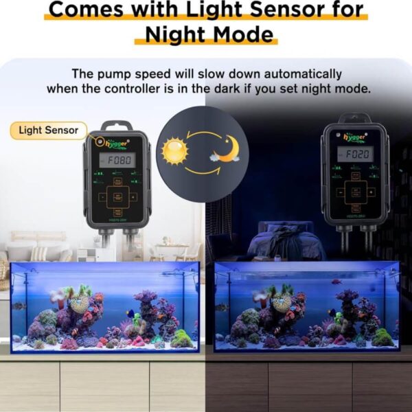 Aquarium pump controller with light sensor for automatic night mode pump speed adjustment