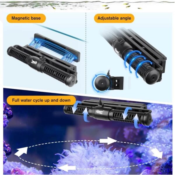 Aquarium wave maker with magnetic base, adjustable angle, and full water cycle flow