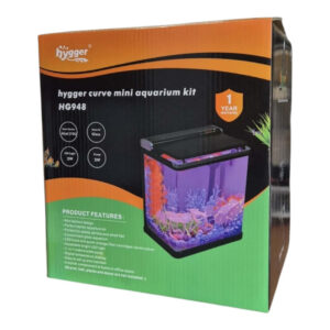 Box of Hygger curve mini aquarium kit HG948 with features and image of aquarium