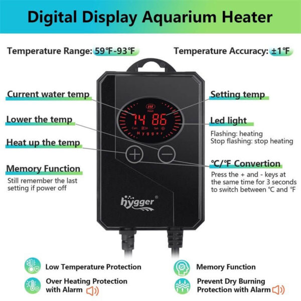Hygger digital aquarium heater with temperature range 59-93°F and controls