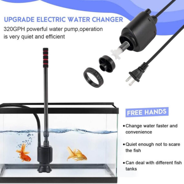 Electric water changer pump with hose in fish tank with goldfish and disassembled pump parts