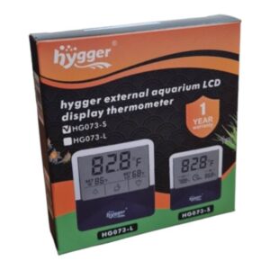 Box of Hygger external aquarium LCD display thermometer models HG073-S and HG073-L