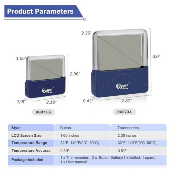 Two Hygger digital thermometers with dimensions and features comparison chart
