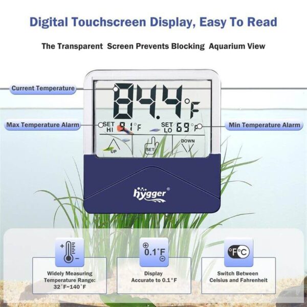 Digital touchscreen aquarium thermometer showing temperature and alarm settings