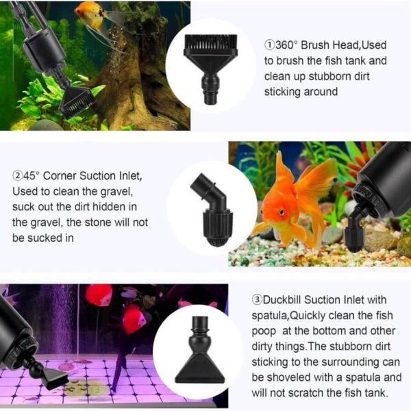 Different brush and suction attachments for cleaning fish tanks