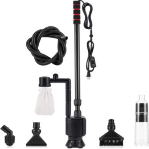 Electric aquarium gravel cleaner with multiple attachments and long flexible hose